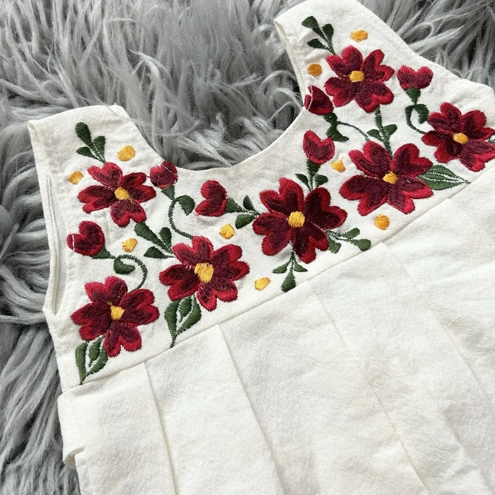 Handmade Girls White Cotton Dress With Beautifully Embroidered Red Flowers SZ NB